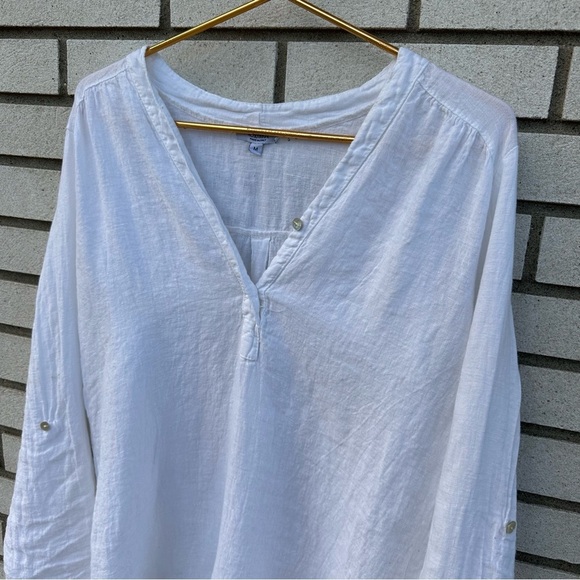 Rosemarine White Linen Roll Tab Sleeve Two Button V-Neck Shirt Blouse - Picture 2 of 11